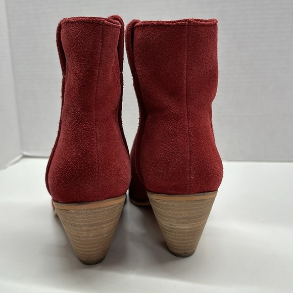 Frye Marley Ankle Boot Heeled Bootie Pull Tab Suede Shoes Raspberry Red Size 8 - Picture 5 of 9